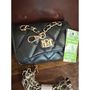 Badgley Mischka NEW Black Gold Quilted Vegan Leather Micro Crossbody Bag Purse